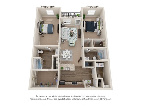Floor plan for 2 beds, 2 baths, 1272 sqft